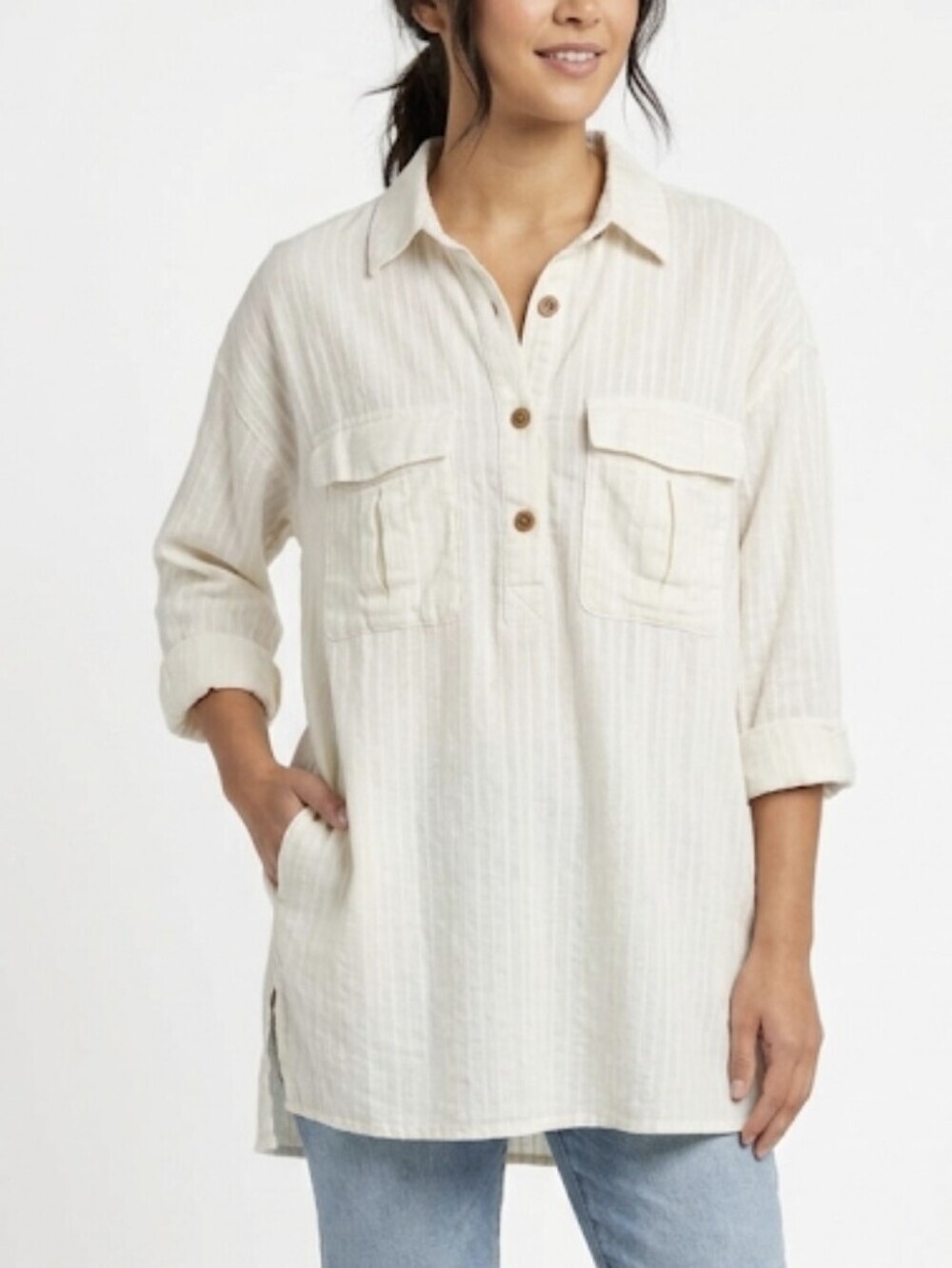 Zara Cotton Linen Blend Striped Button-Up Tunic Top